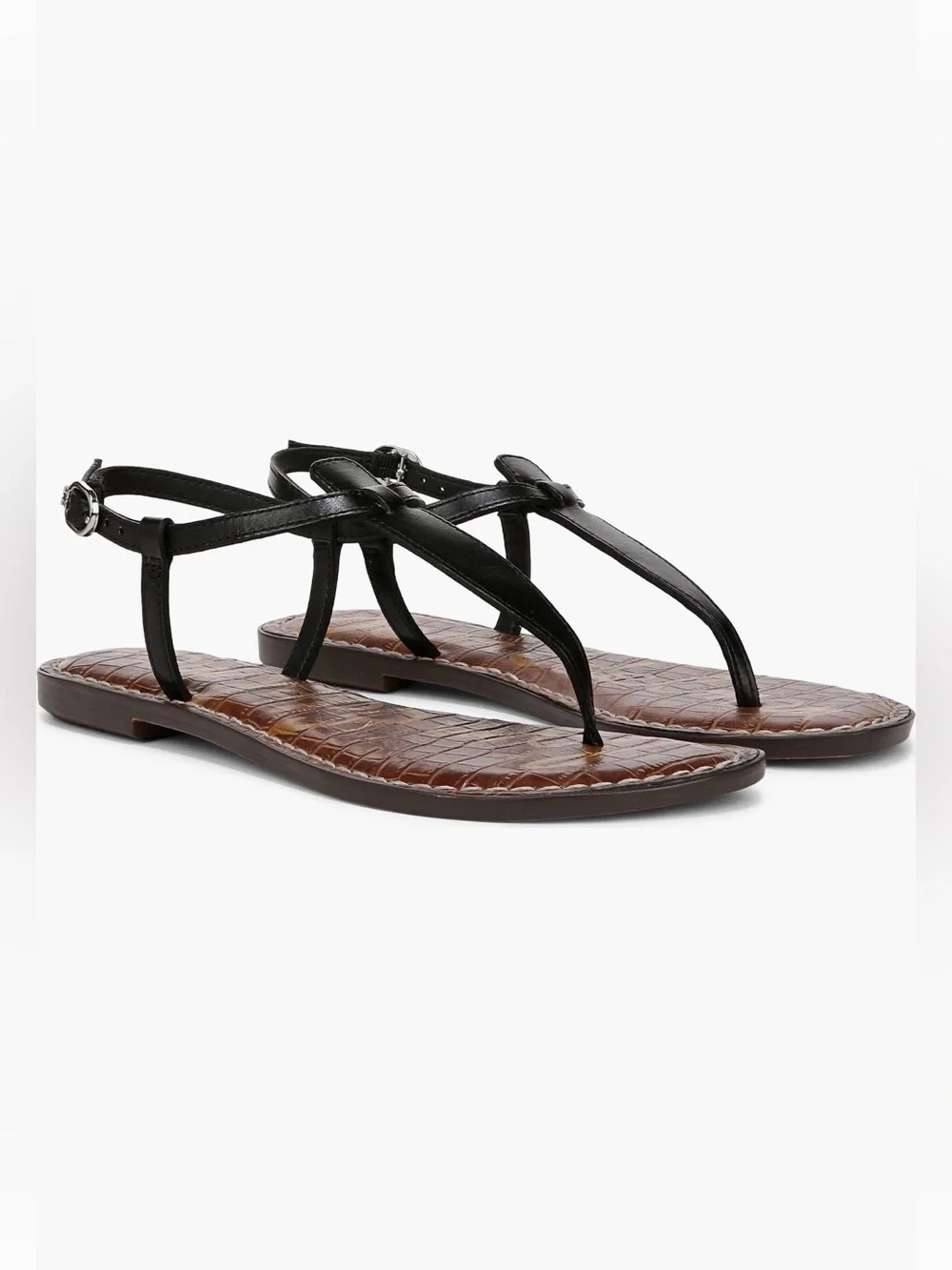 Sam Edelman Gigi Black Leather T-Strap Flat Sandals - Women's